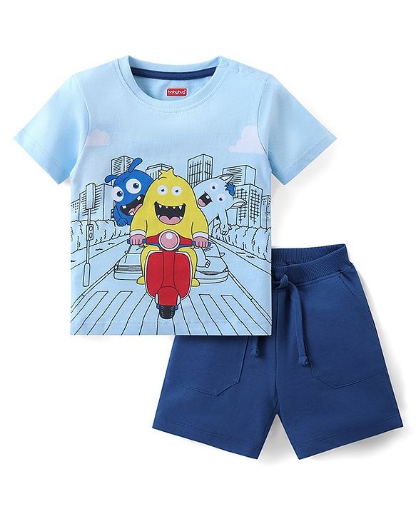 Babyhug Single Jersey Knit Half Sleeves T-Shirt & Shorts Set with Monster Print - Blue
