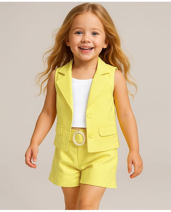Babyhug Knit Sleeveless Co-Ord Set Solid Color - Yellow