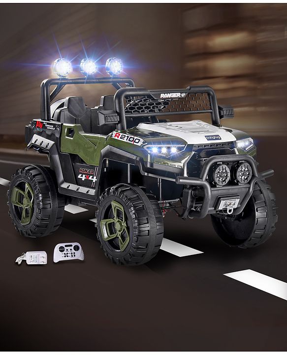 Babyhug RANGER 4X4 Battery Operated Ride On Jeep with Music & LED Lights - Olive Green| Forward & Reverse Drive| Wide Comfortable Seat| Rechargeable Battery| Remote Control| Pre-loaded Music with USB & AUX| Easy to Assemble| Wide Comfortable Seat| Ea