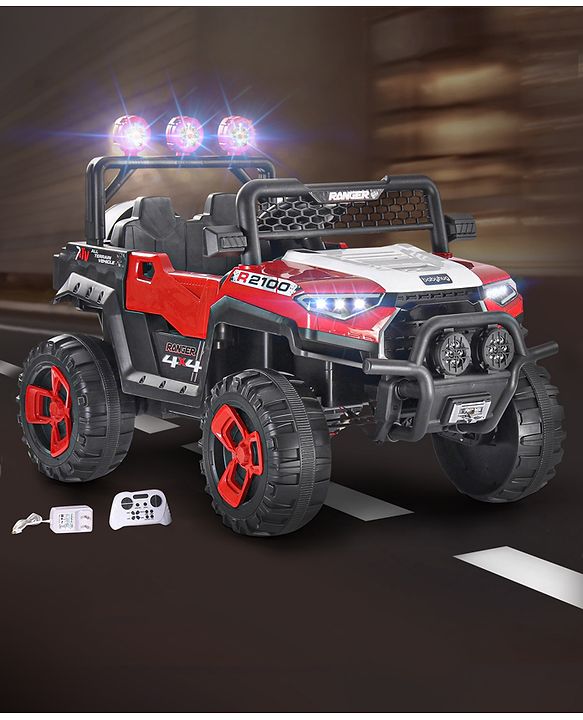 Babyhug RANGER 4X4 Battery Operated Ride On Jeep with Music & LED Lights - Red| Forward & Reverse Drive| Wide Comfortable Seat| Rechargeable Battery| Remote Control| Pre-loaded Music with USB & AUX| Easy to Assemble| Wide Comfortable Seat| Easy to Op