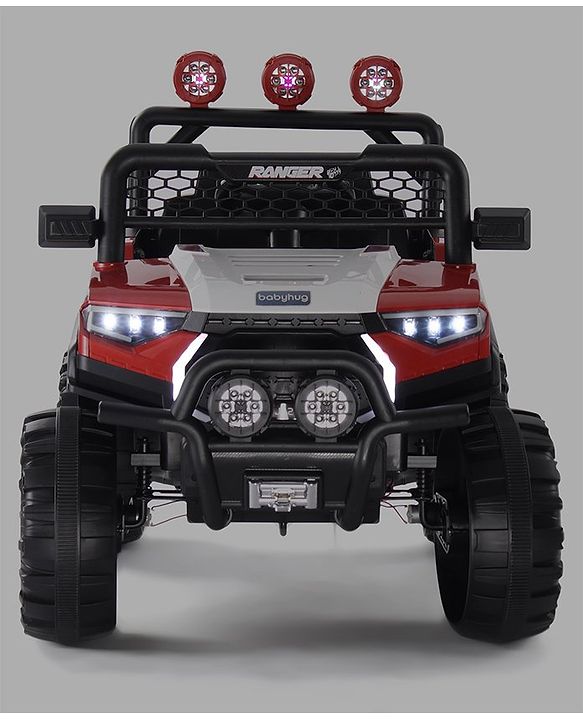 Babyhug RANGER 4X4 Battery Operated Ride On Jeep with Music & LED Lights - Red| Forward & Reverse Drive| Wide Comfortable Seat| Rechargeable Battery| Remote Control| Pre-loaded Music with USB & AUX| Easy to Assemble| Wide Comfortable Seat| Easy to Op
