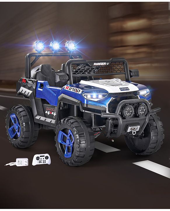 Babyhug RANGER 4X4 Battery Operated Ride On Jeep with Music & LED Lights - Blue| Forward & Reverse Drive| Wide Comfortable Seat| Rechargeable Battery| Remote Control| Pre-loaded Music with USB & AUX| Easy to Assemble| Wide Comfortable Seat| Easy to O