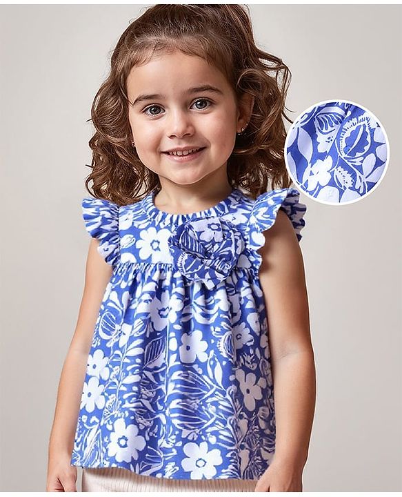 Babyhug Cotton Woven Half Sleeves  Top with Frills Detailing Floral Print - Blue