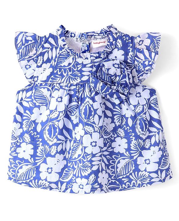 Babyhug Cotton Woven Half Sleeves  Top with Frills Detailing Floral Print - Blue