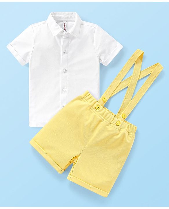Babyhug Half Sleeves Shirt & Shorts with Suspenders Bow - Yellow
