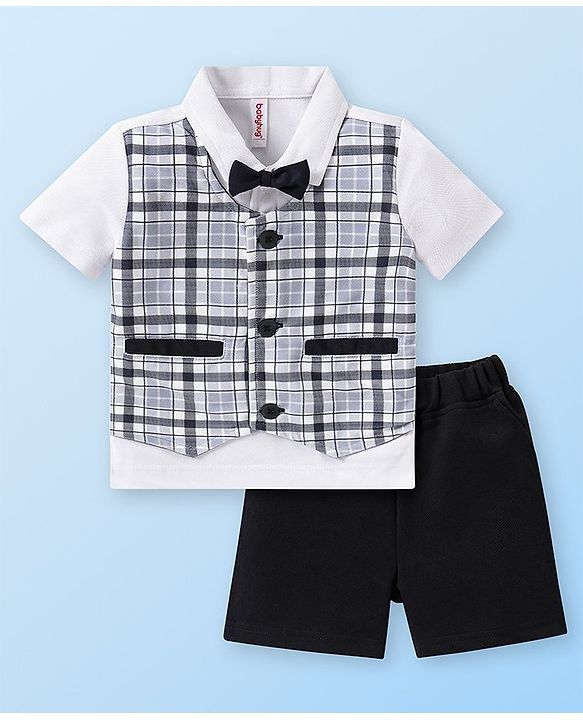 Babyhug Half Sleeves Checks Attached Waist Coat Shirt & Shorts Set with Bow  - White & Black