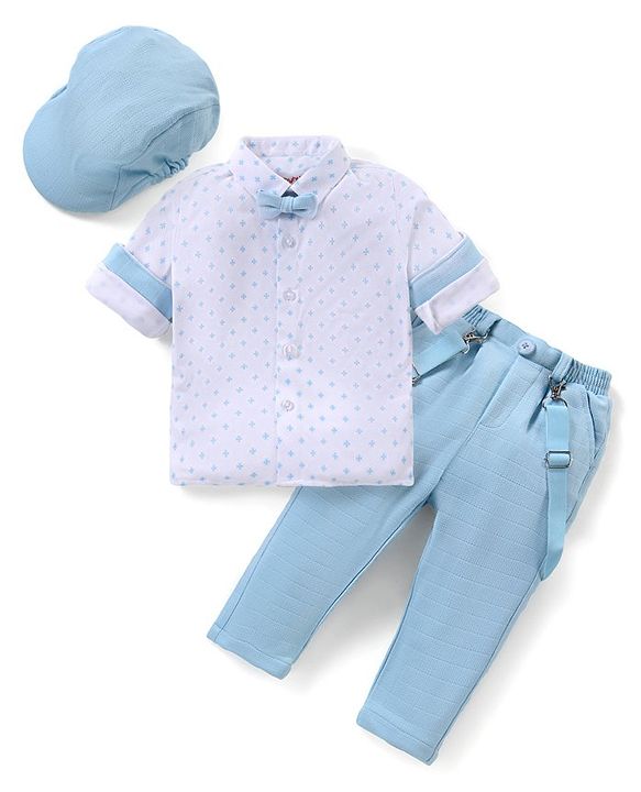 Babyhug Knit Full Sleeves Printed Party Shirt & Trousers with Cap Bow & Suspender - Light Blue