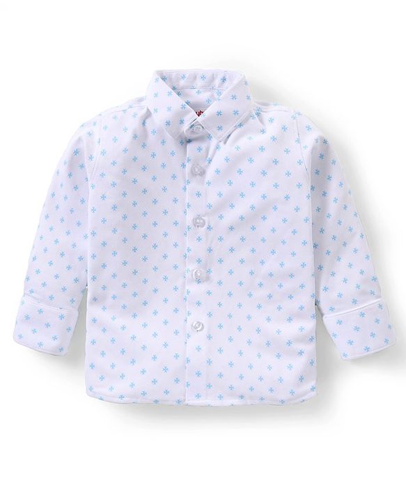 Babyhug Knit Full Sleeves Printed Party Shirt & Trousers with Cap Bow & Suspender - Light Blue