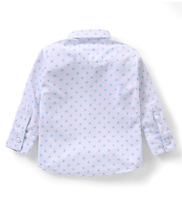Babyhug Knit Full Sleeves Printed Party Shirt & Trousers with Cap Bow & Suspender - Light Blue