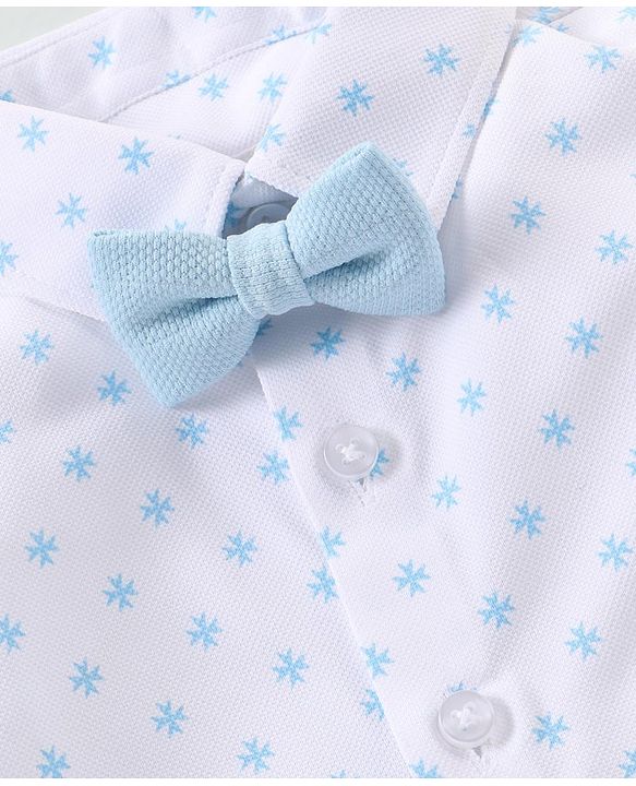 Babyhug Knit Full Sleeves Printed Party Shirt & Trousers with Cap Bow & Suspender - Light Blue