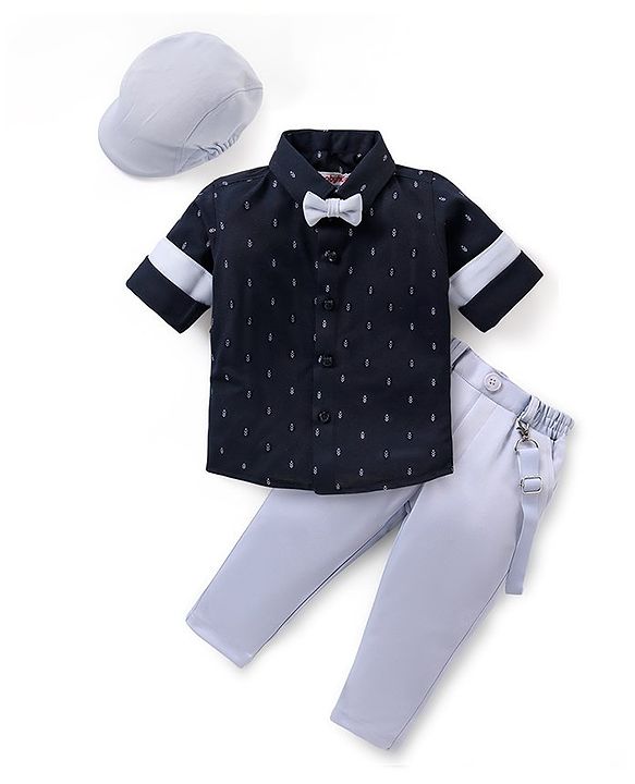 Babyhug Knit Full Sleeves Printed Party Shirt & Trousers with Cap Bow & Suspender - Navy Blue & Grey
