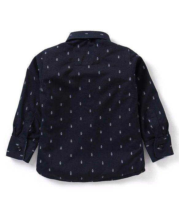 Babyhug Knit Full Sleeves Printed Party Shirt & Trousers with Cap Bow & Suspender - Navy Blue & Grey