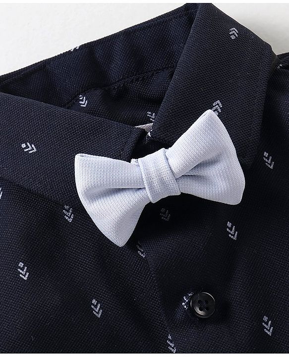 Babyhug Knit Full Sleeves Printed Party Shirt & Trousers with Cap Bow & Suspender - Navy Blue & Grey