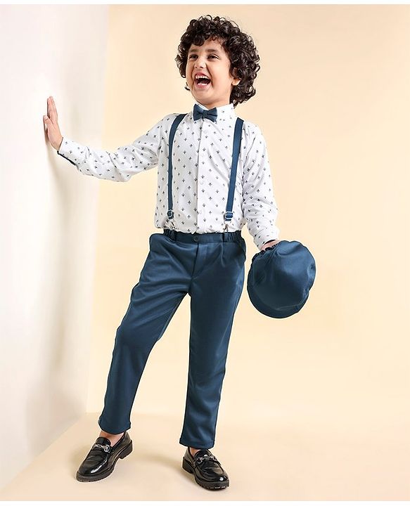 Babyhug Full Sleeves Shirt & Trousers Set With Cap Bow & Suspenders Floral Print - White & Blue