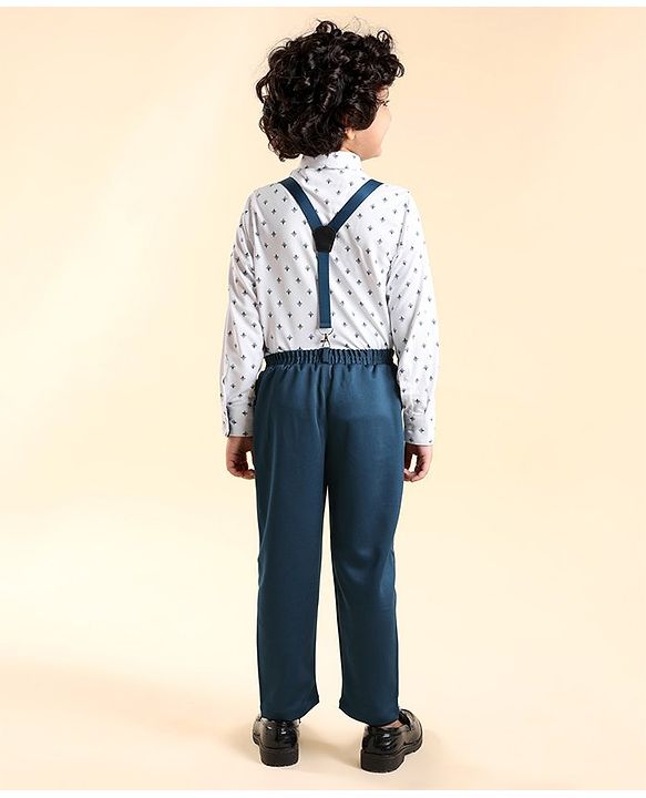 Babyhug Full Sleeves Shirt & Trousers Set With Cap Bow & Suspenders Floral Print - White & Blue