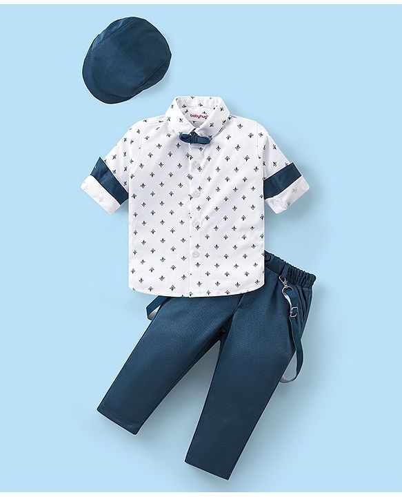 Babyhug Full Sleeves Shirt & Trousers Set With Cap Bow & Suspenders Floral Print - White & Blue
