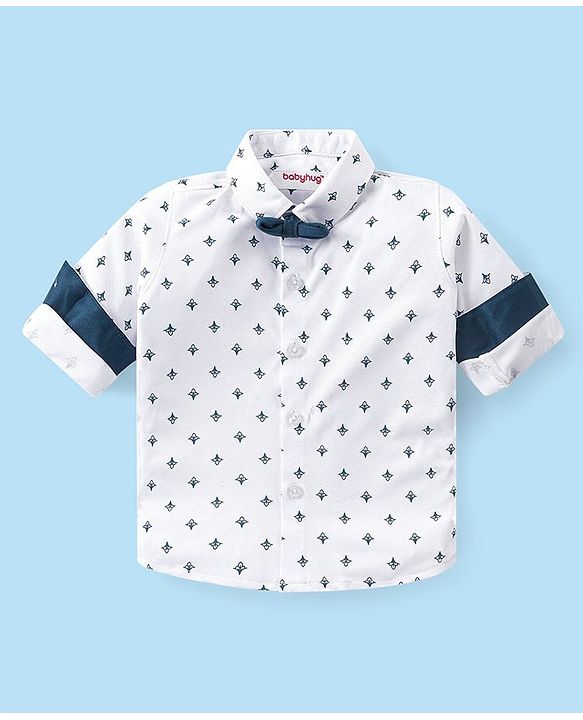 Babyhug Full Sleeves Shirt & Trousers Set With Cap Bow & Suspenders Floral Print - White & Blue