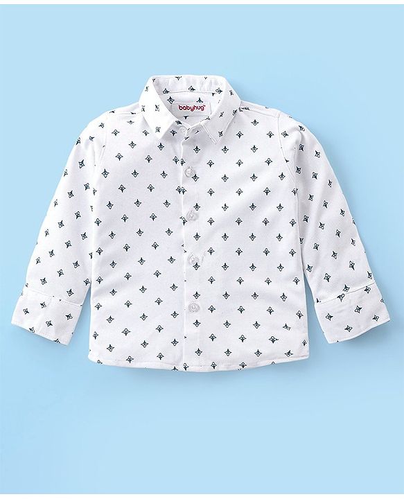 Babyhug Full Sleeves Shirt & Trousers Set With Cap Bow & Suspenders Floral Print - White & Blue