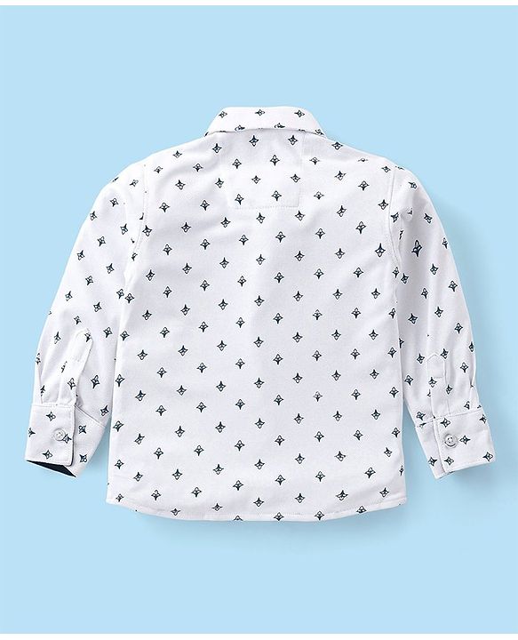 Babyhug Full Sleeves Shirt & Trousers Set With Cap Bow & Suspenders Floral Print - White & Blue