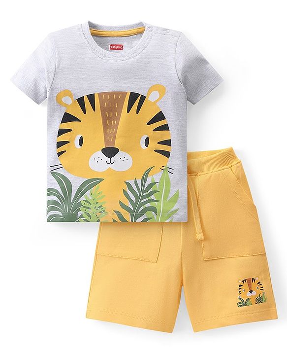Babyhug Single Jersey Knit Half Sleeves T-Shirt & Shorts Tiger Print - White & Yellow