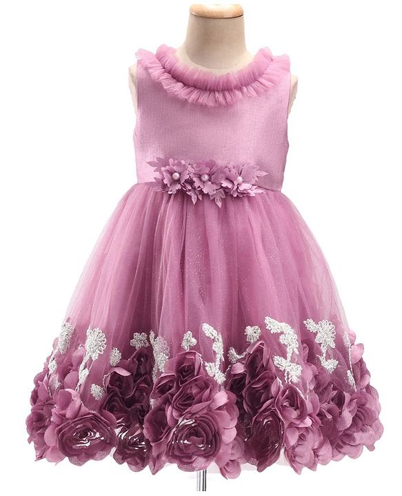 Babyhug Sleeveless Floral & & Pearl Embellishment Fit & Flared Party Frock - Mauve