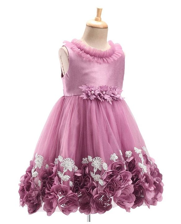 Babyhug Sleeveless Floral & & Pearl Embellishment Fit & Flared Party Frock - Mauve