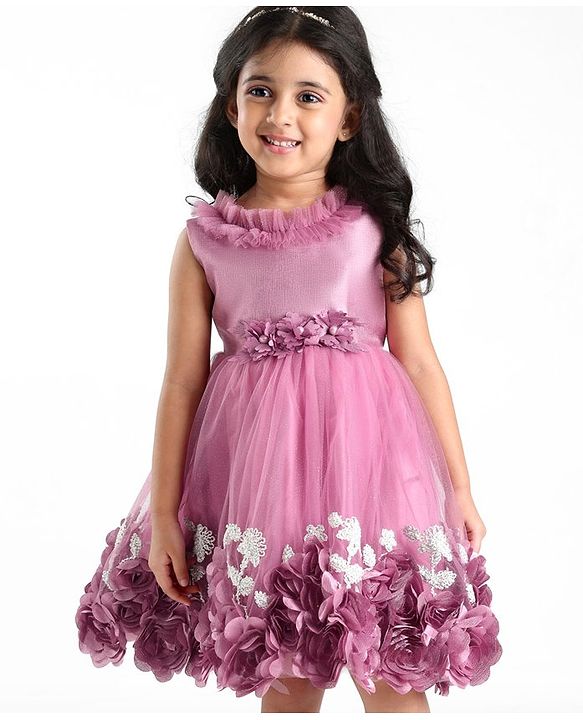 Babyhug Sleeveless Floral & & Pearl Embellishment Fit & Flared Party Frock - Mauve