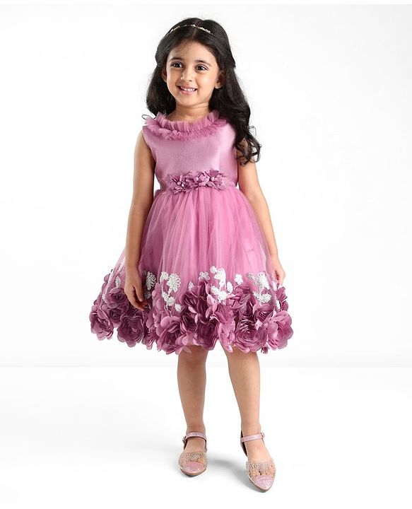Babyhug Sleeveless Floral & & Pearl Embellishment Fit & Flared Party Frock - Mauve