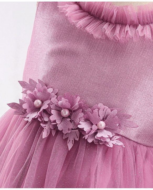 Babyhug Sleeveless Floral & & Pearl Embellishment Fit & Flared Party Frock - Mauve