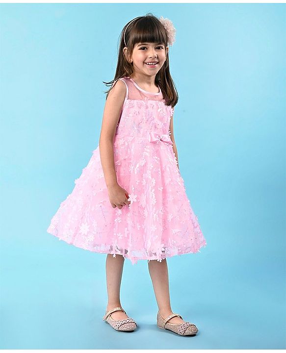 Babyhug Sleeveless Party Frock with Floral Embroidery & Bow Detailing - Pink
