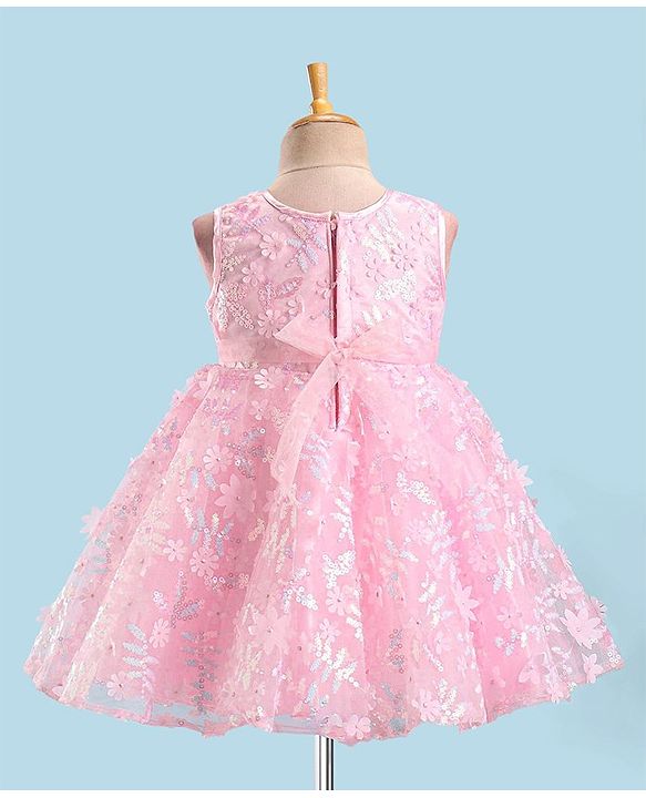 Babyhug Sleeveless Party Frock with Floral Embroidery & Bow Detailing - Pink