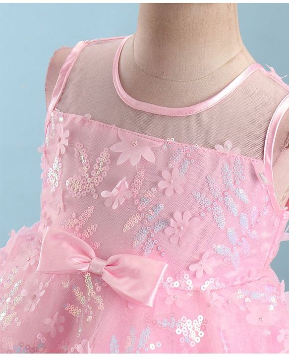 Babyhug Sleeveless Party Frock with Floral Embroidery & Bow Detailing - Pink