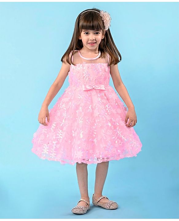 Babyhug Sleeveless Party Frock with Floral Embroidery & Bow Detailing - Pink