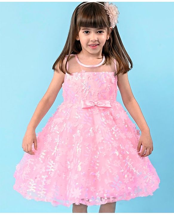Babyhug Sleeveless Party Frock with Floral Embroidery & Bow Detailing - Pink