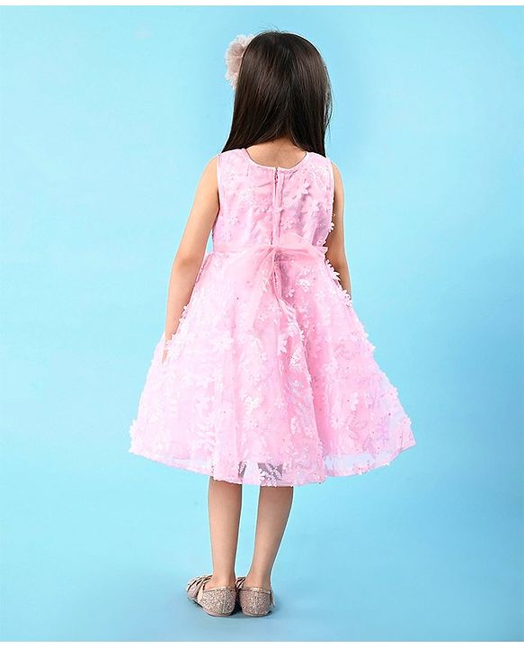 Babyhug Sleeveless Party Frock with Floral Embroidery & Bow Detailing - Pink