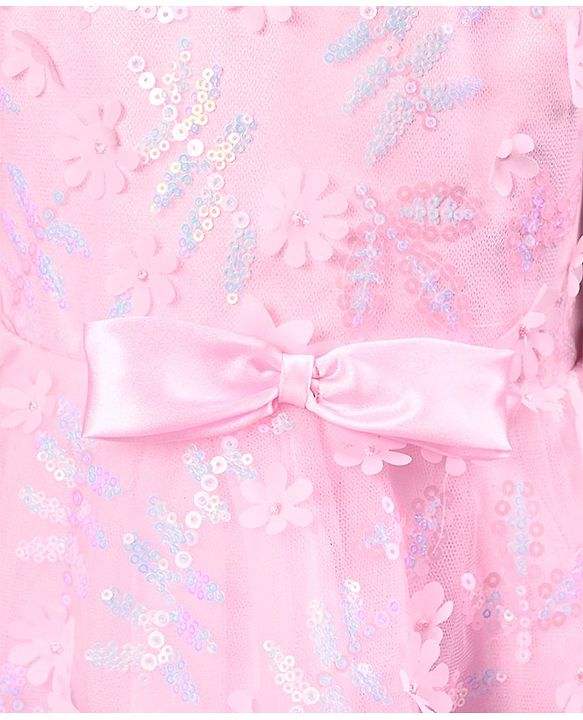 Babyhug Sleeveless Party Frock with Floral Embroidery & Bow Detailing - Pink