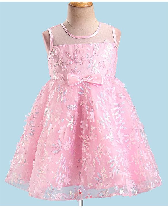 Babyhug Sleeveless Party Frock with Floral Embroidery & Bow Detailing - Pink