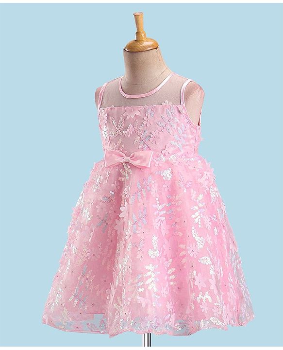 Babyhug Sleeveless Party Frock with Floral Embroidery & Bow Detailing - Pink