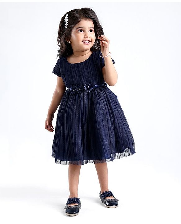 Babyhug Cap Sleeves  Fit & Flare   Party Frock with Floral Applique - Navy Blue