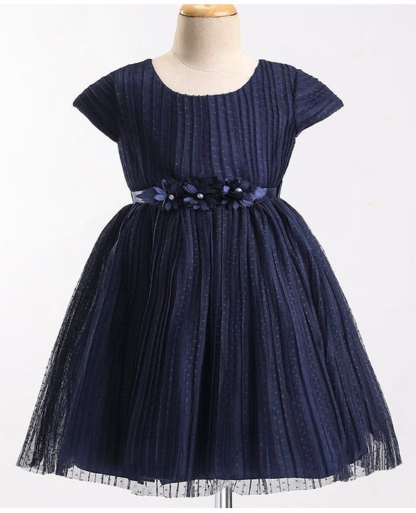 Babyhug Cap Sleeves  Fit & Flare   Party Frock with Floral Applique - Navy Blue