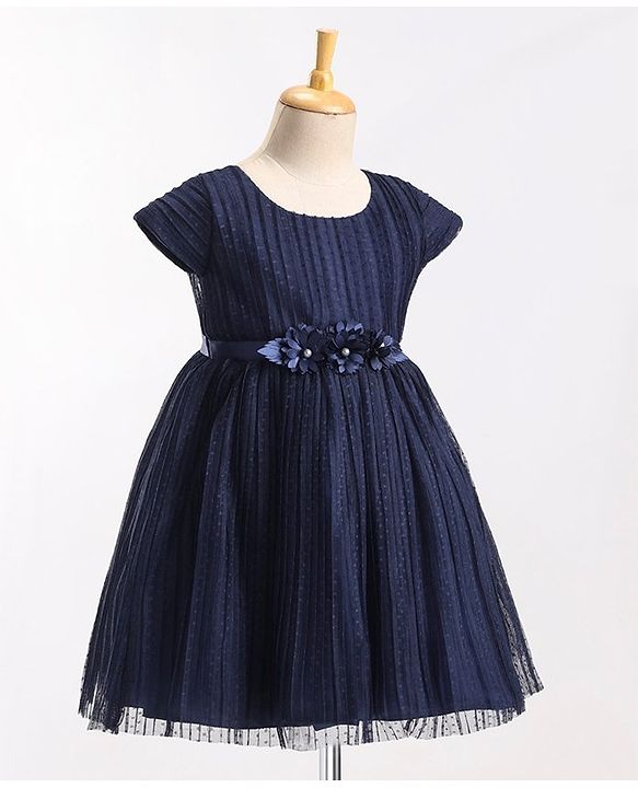 Babyhug Cap Sleeves  Fit & Flare   Party Frock with Floral Applique - Navy Blue