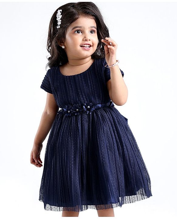 Babyhug Cap Sleeves  Fit & Flare   Party Frock with Floral Applique - Navy Blue