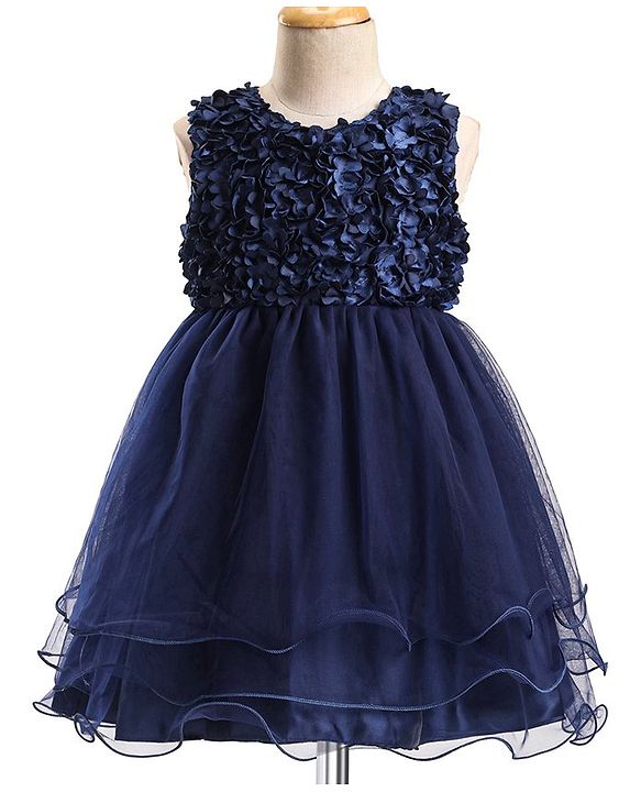 Babyhug Sleeveless Fit & Flare Textured Yoke Party Frock with Floral Applique - Blue