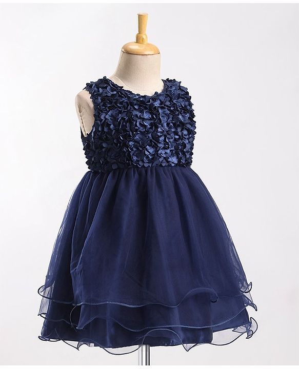 Babyhug Sleeveless Fit & Flare Textured Yoke Party Frock with Floral Applique - Blue