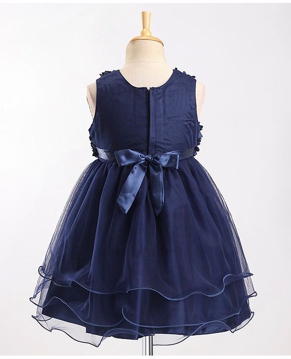 Babyhug Sleeveless Fit & Flare Textured Yoke Party Frock with Floral Applique - Blue