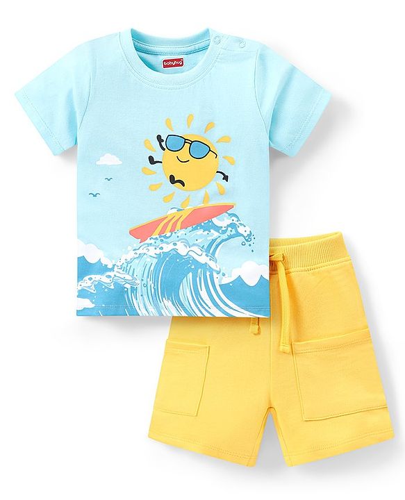 Babyhug Single Jersey Knit Half Sleeves T-Shirt & Shorts Set Surfboard Print - Blue & Yellow