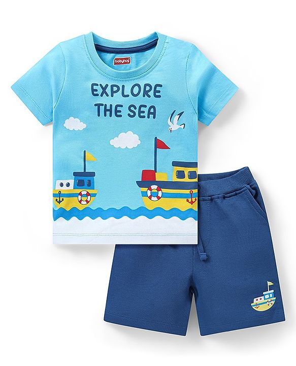 Babyhug Single Jersey Knit Half Sleeves T-Shirt & Shorts Set Ship Print - Blue