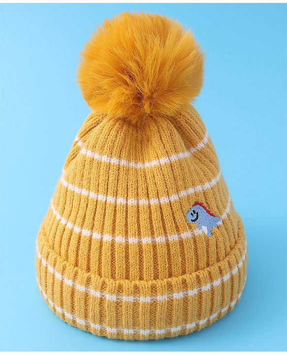 Babyhug Woollen Cap with Dino Embroidery Pom Pom Detailing - Yellow