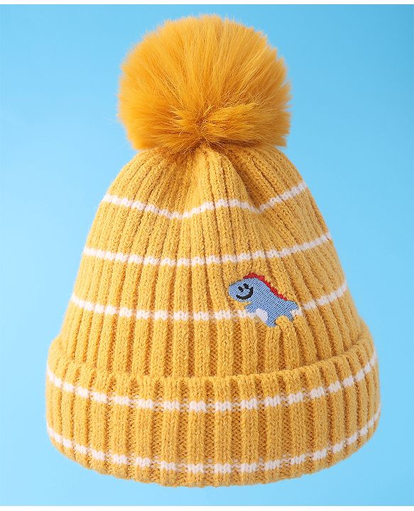 Babyhug Woollen Cap with Dino Embroidery Pom Pom Detailing - Yellow