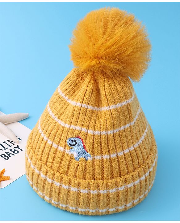 Babyhug Woollen Cap with Dino Embroidery Pom Pom Detailing - Yellow